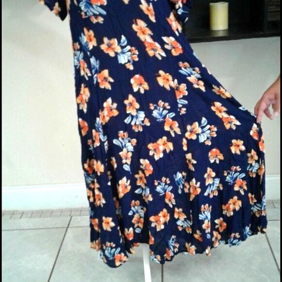 Woman Within Navy Floral Boho Prairie Summery Rayon Shift Maxi Dress - Picture 3 of 8